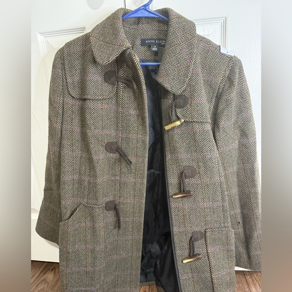 Anne Klein Wool Toggle‎ Coat Women's 8 Herringbone Plaid Lined Winter